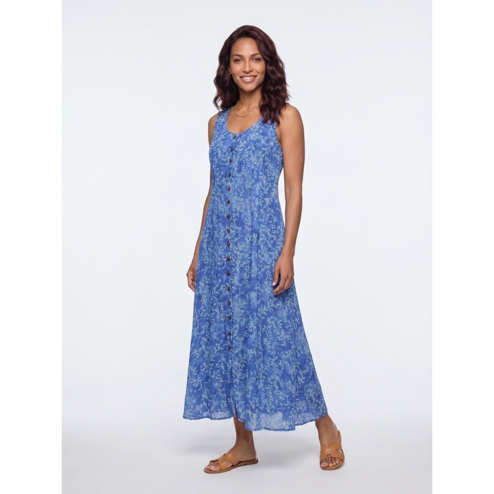 Very Vineyard Blue Floral Batik Rayon Maxi Dress Sleeveless Button Front Small